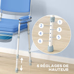 Silla de inodoro con orificio multifunción, cubo extraíble, altura regulable, con respaldo, asiento y reposabrazos acolchados azules