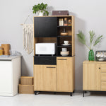 Armario de cocina multialmacenaje con cajón, 3 armarios, 4 nichos y pasacables, altura 180 cm, negro y madera natural