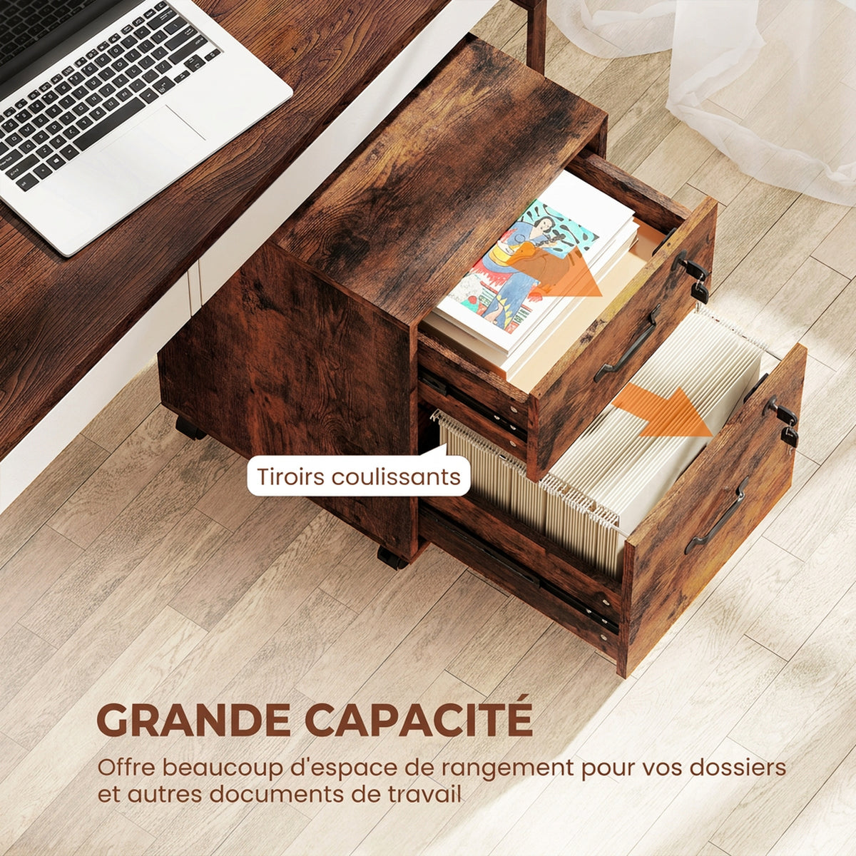 Caisson bureau mobile à 2 tiroirs, meuble rangement bureau sur roulettes pour documents suspendus format lettre, marron
