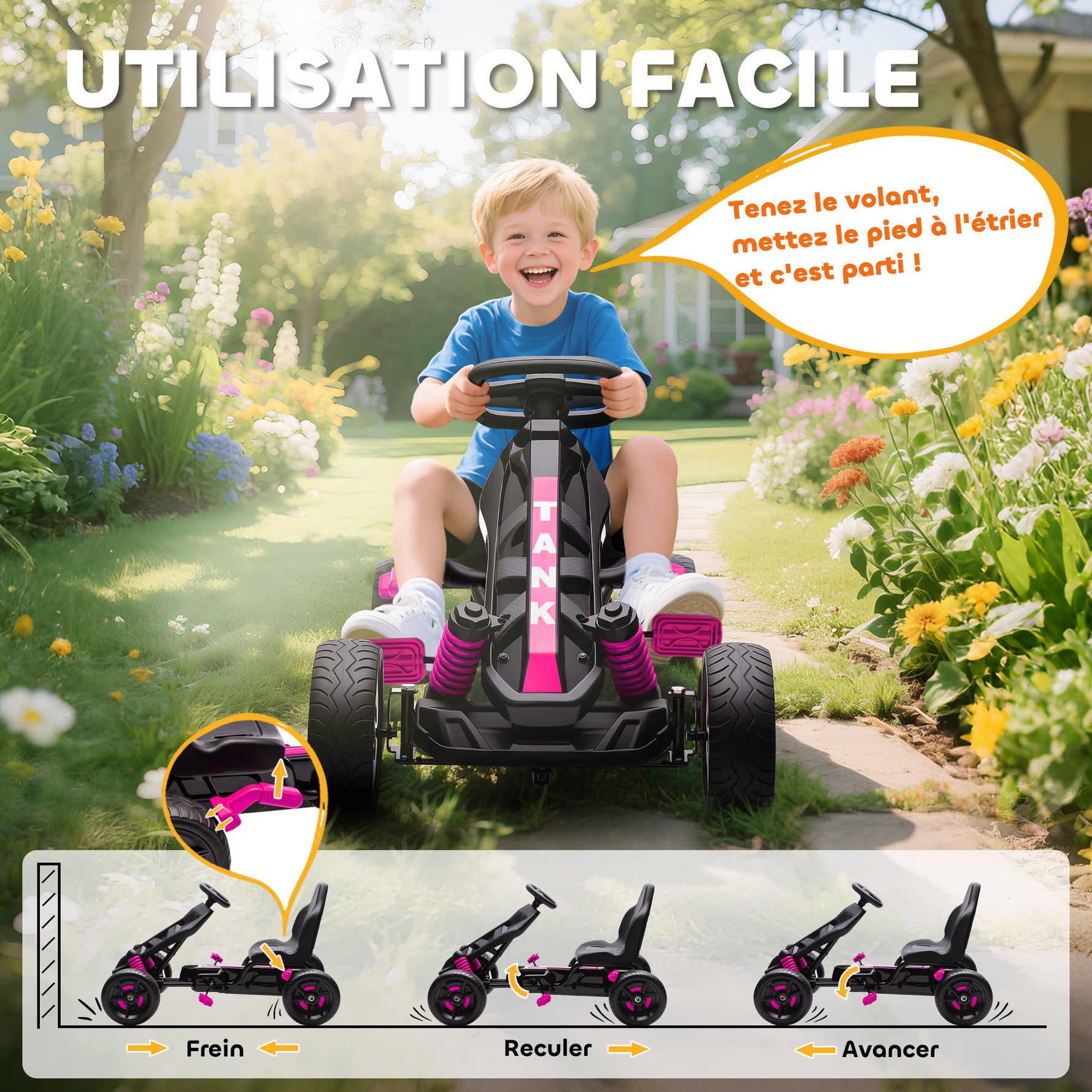 Kart à pédales pour enfants, karting enfant 3 à 6 ans avec roue libre, frein, roues EVA antidérapantes, rose