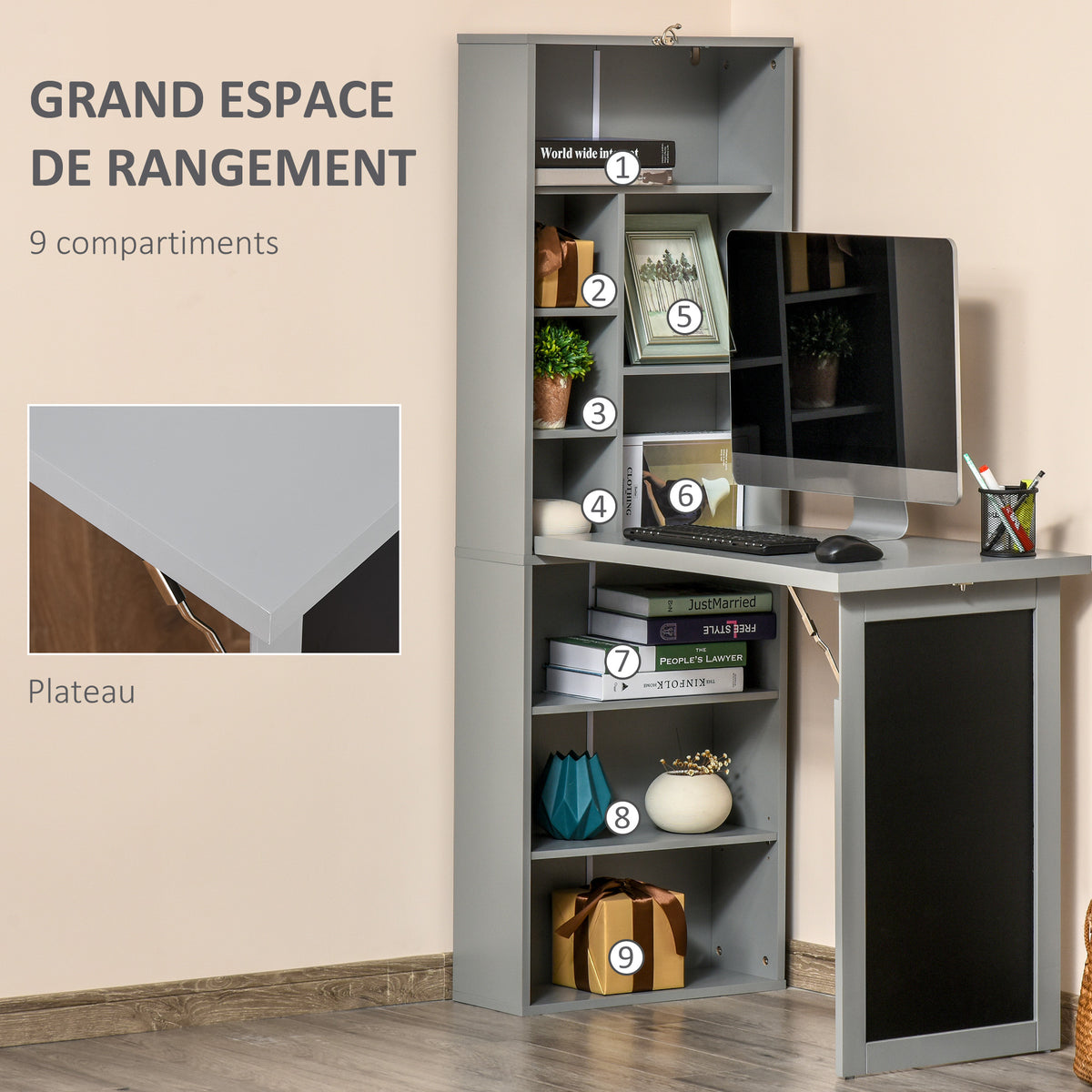 Bureau avec rangement pliable murale rabattable avec bibliothèque poste de travail tableau à craie et étagère réglable