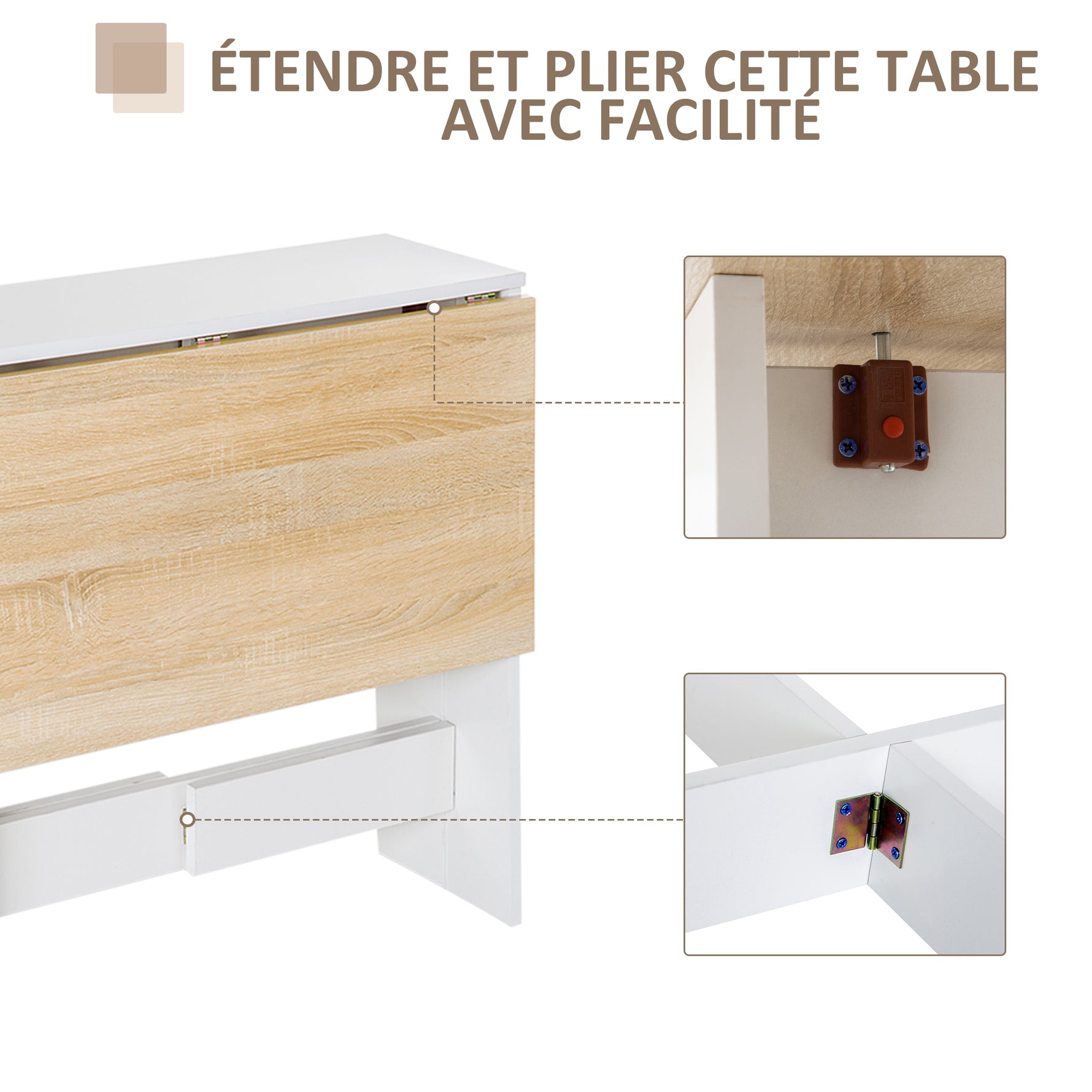 Table de cuisine pliable 103L x 76l x 74H cm en bois bicolore chêne blanc