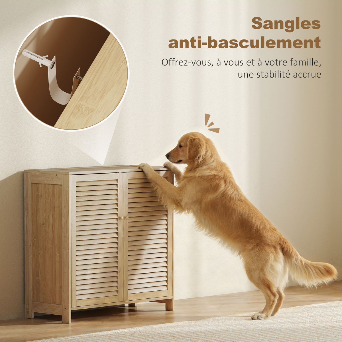 Meuble à chaussures en bambou 18 paires, armoire à chaussures avec portes persiennes et étagères réglables, bois naturel