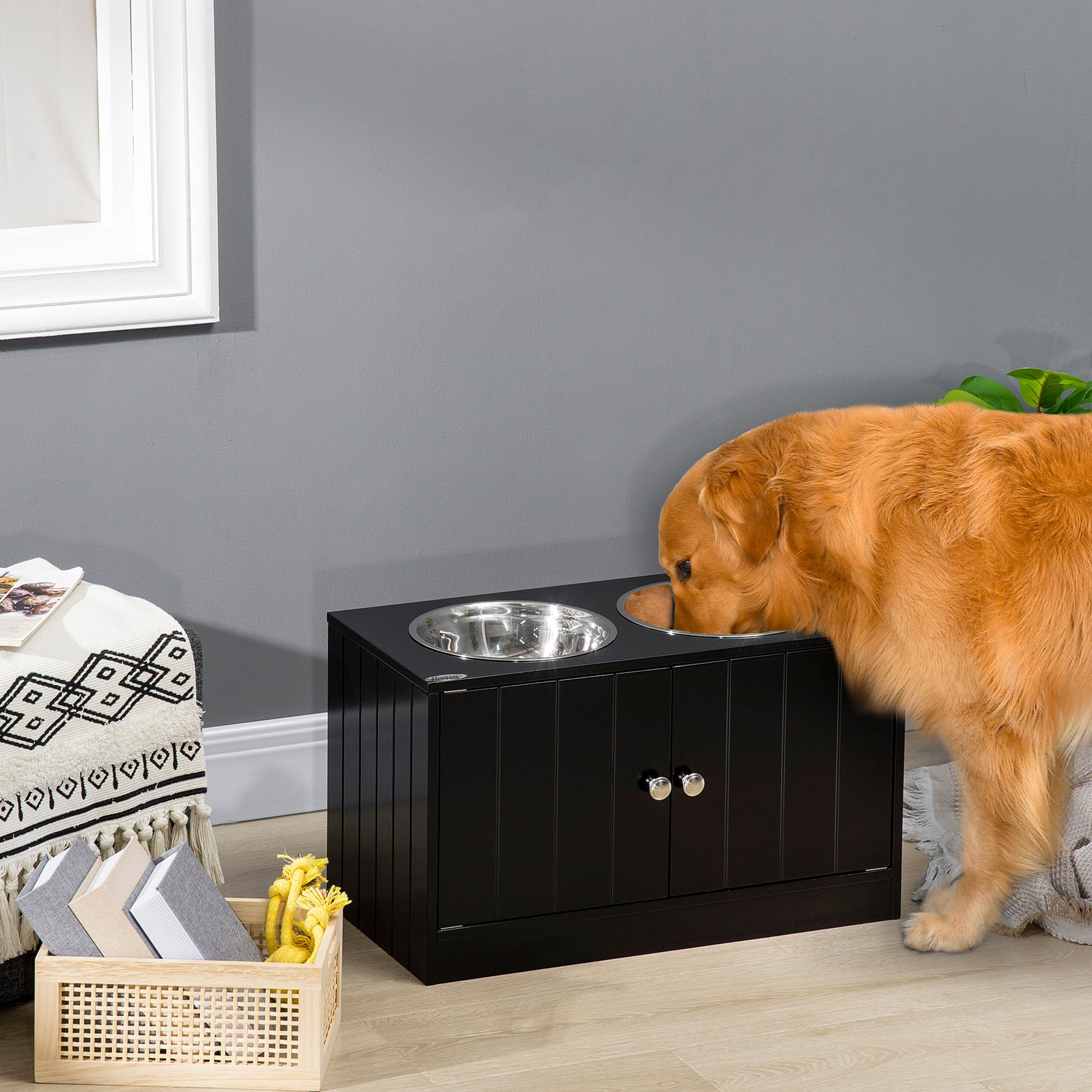 Gamelles chiens surélevées gamelle double chien chat porte-gamelles 60 x 30 x 35,5 cm 2 gamelles 2L acier inox incluses