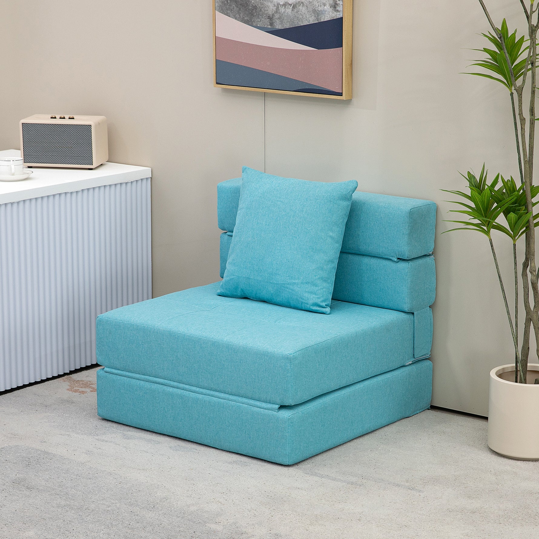 Chauffeuse canapé-lit convertible fauteuil 1 place avec 1 coussin déhoussable, tissu bleu