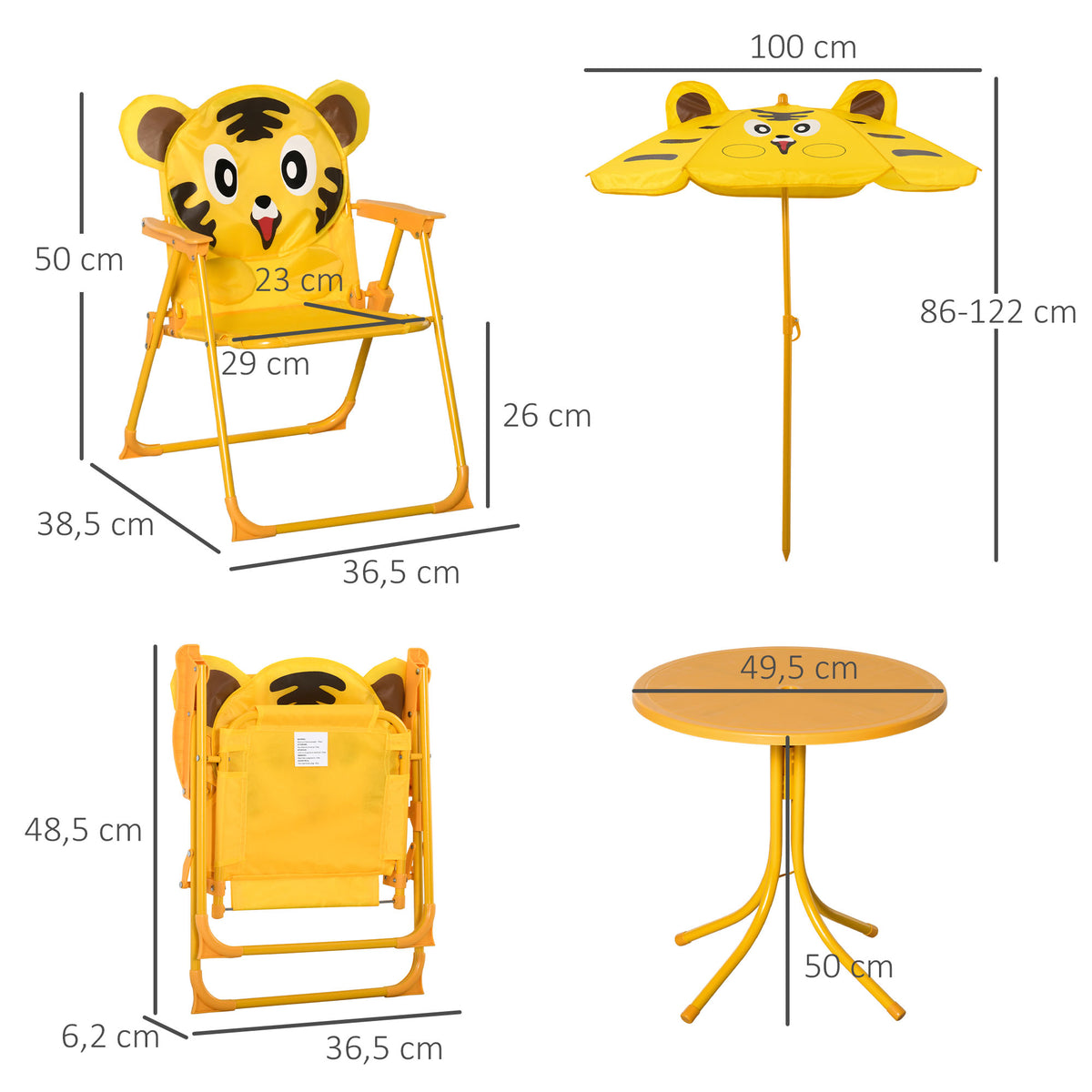 Ensemble Salon de Jardin Enfant 4 pcs Design Tigre - Table Ronde + 2 chaises Pliables + Parasol - métal époxy Oxford Jaune