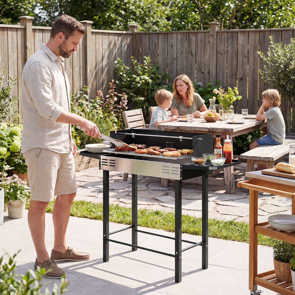 Barbecue charbon de bois BBQ avec grille de gril à 3 niveaux et étagères latérales pliables, 118 x 32 x 90 cm, noir