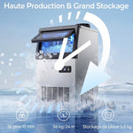 Machine à glaçons commerciale 36 kg/24h, acier inoxydable, ice maker, capacité 5,5 kg, 36 cubes par 10 minutes,