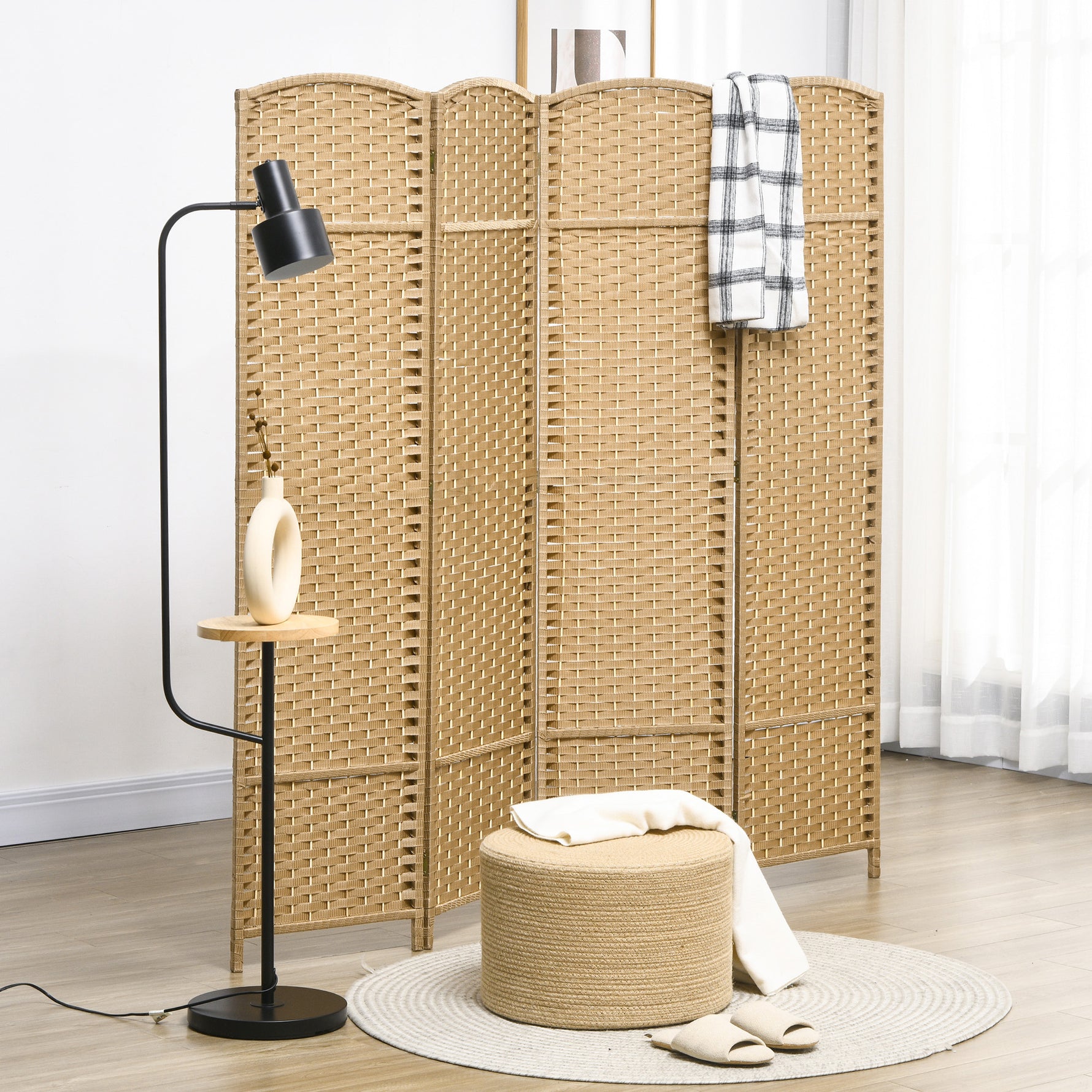 Paravent interieur en bois 4 panneaux 160 x 170 cm séparateur de pièce pliable pour salon, chambre à coucher, naturel