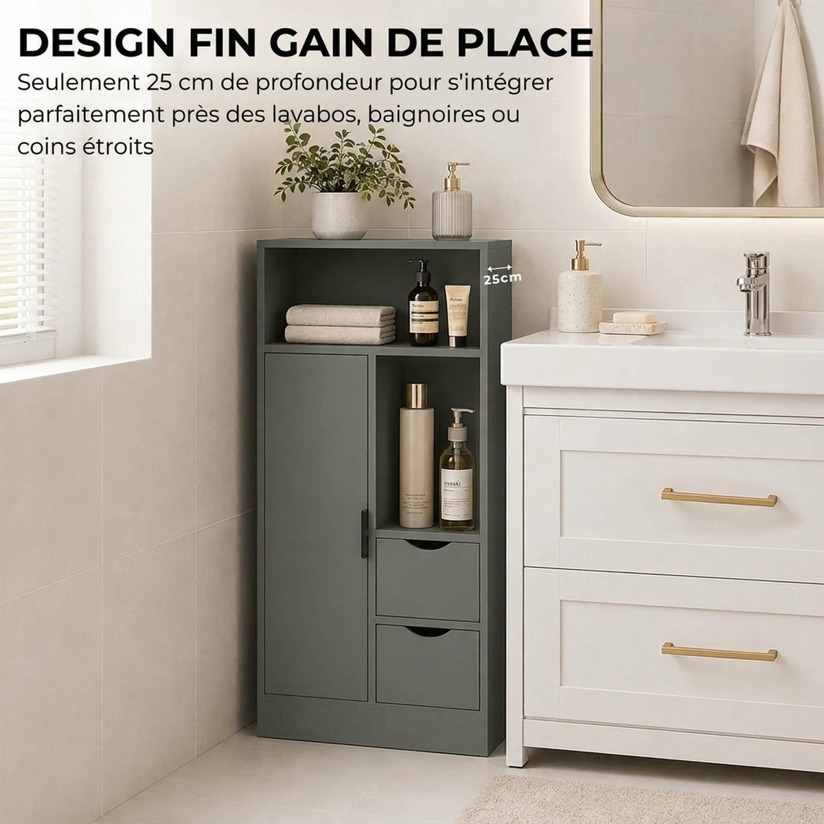 Mobiletto da bagno, mobile contenitore stretto con 2 cassetti, scomparti a giorno, 50x25x100 cm, verde chiaro
