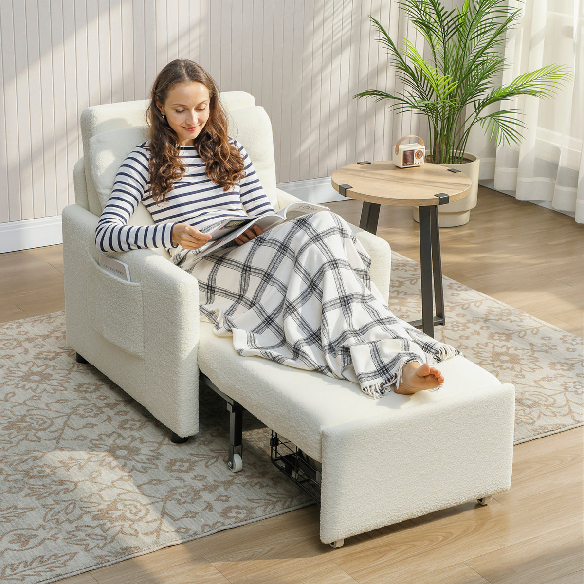 Fauteuil convertible 1 place, fauteuil-lit avec rangement caché, assise large et rembourrée, 72 x 85,5 x 91 cm, crème