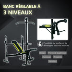 Banc de musculation Fitness entrainement complet dossier réglable cordes traction curler supports barre et haltères noir et jaune