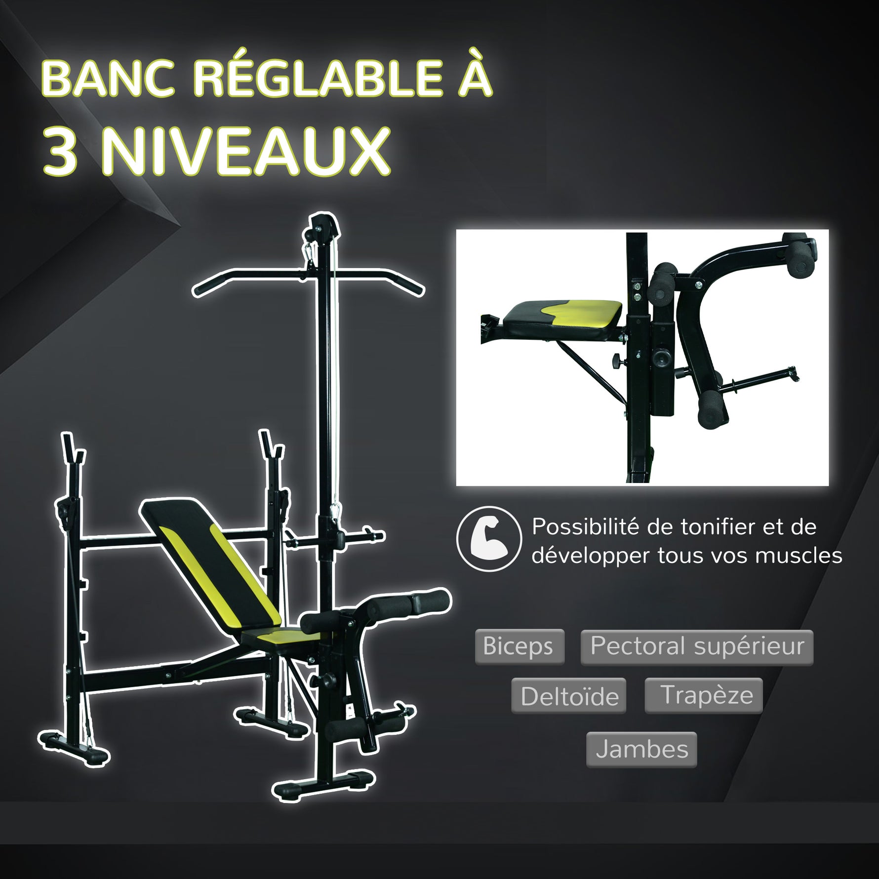 Banc de musculation Fitness entrainement complet dossier réglable cordes traction curler supports barre et haltères noir et jaune