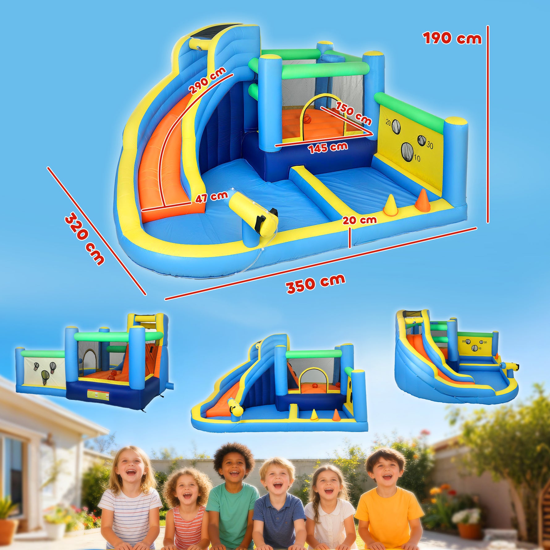 Château gonflable avec souffleur 8 en 1, parc aquatique, toboggan, trampoline, piscine à balles, oxford, multicolore