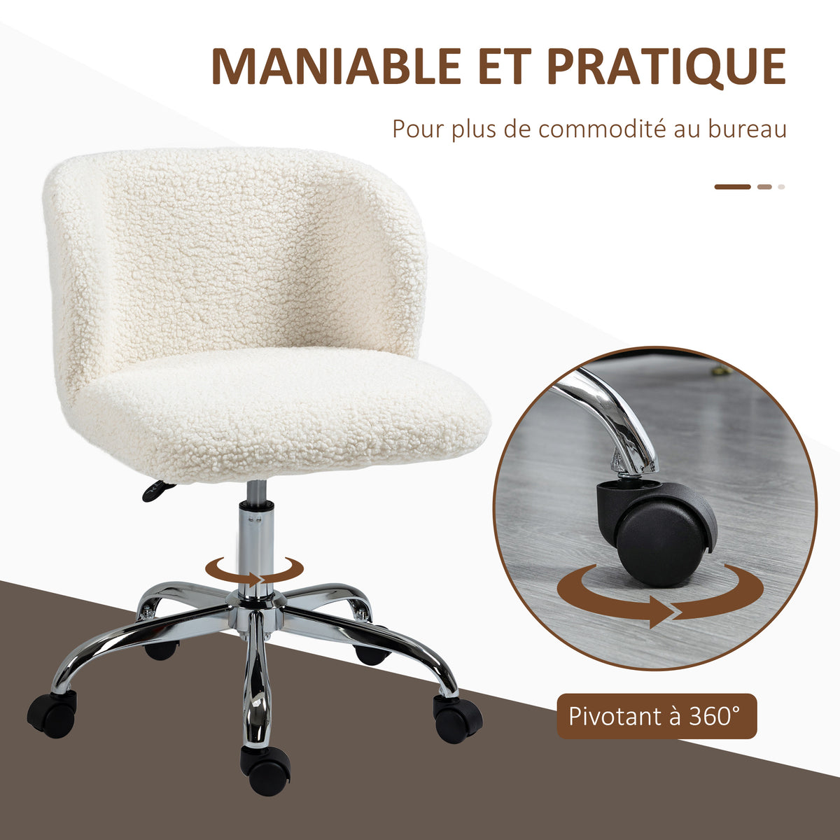 Chaise de bureau sans accoudoir en toison d'agneau hauteur réglable pivotant à 360 ° charge max. 120 Kg blanc