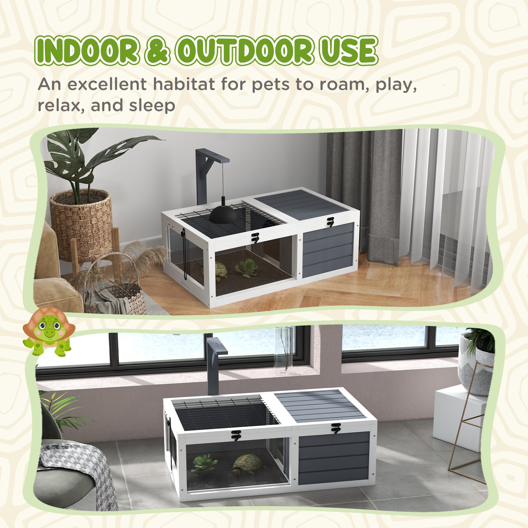 Maison enclos cage pour petit animal tortue avec 2 espaces support de lampe 81 x 48 x 31,5 cm gris