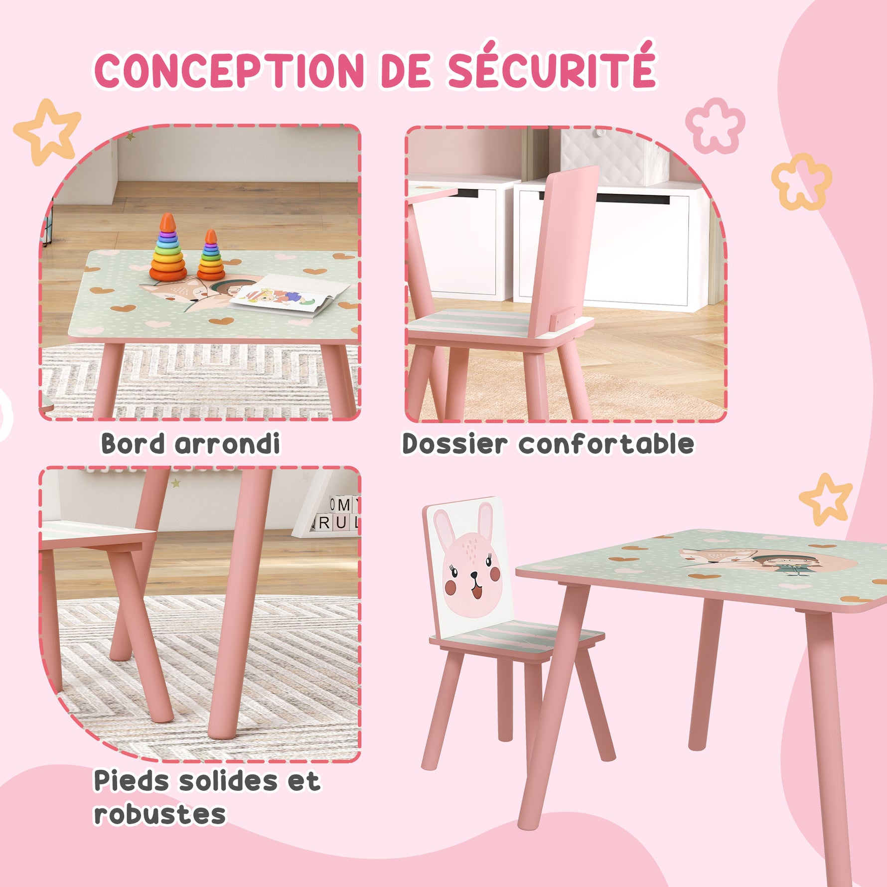 Ensemble table et chaises pour enfants, table pour enfant avec 2 chaises, motif animaux pour chambre à coucher rose