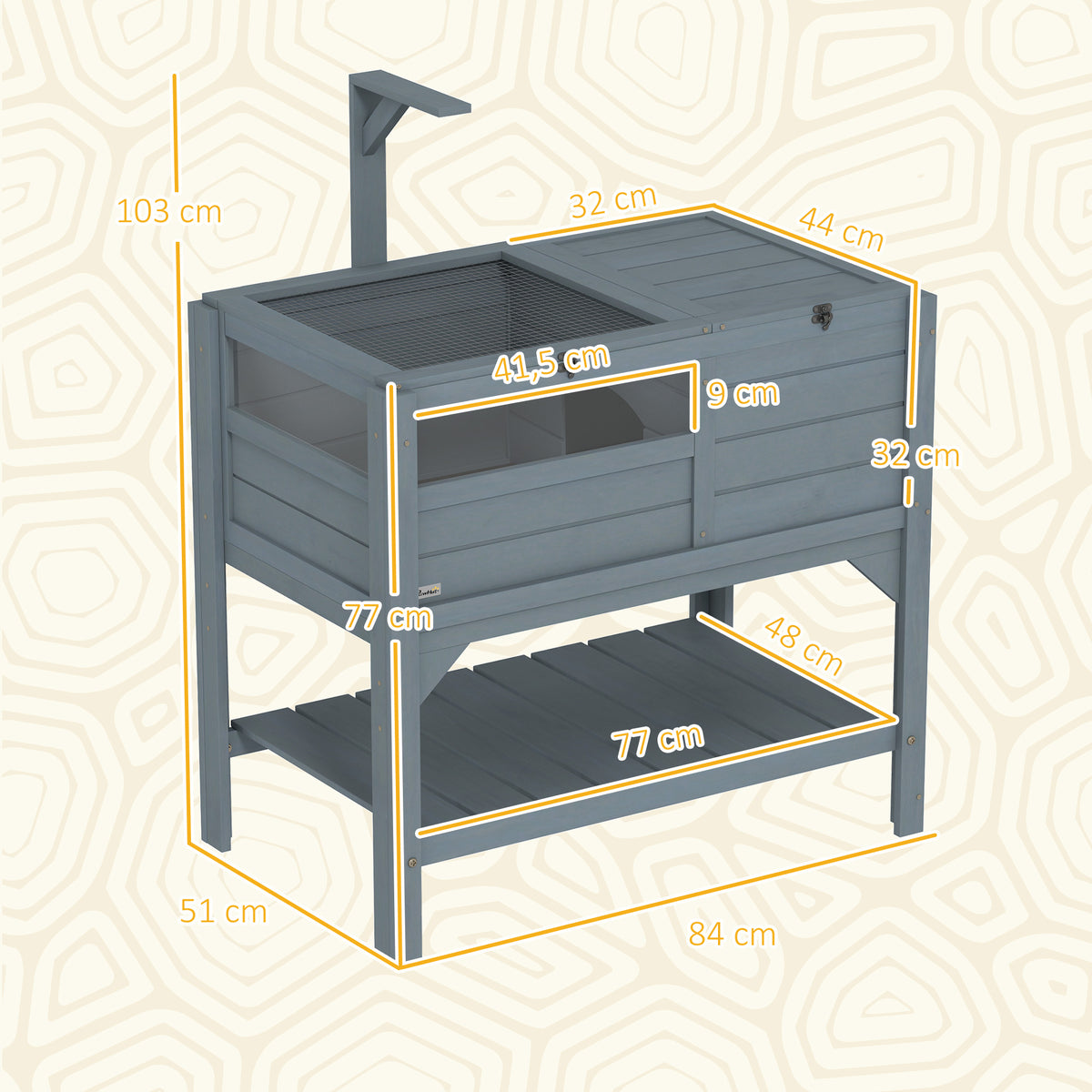 Maison enclos pour tortues sur pieds avec étagère de rangement en bois de sapin - dim. 103H x 84L x 51l cm
