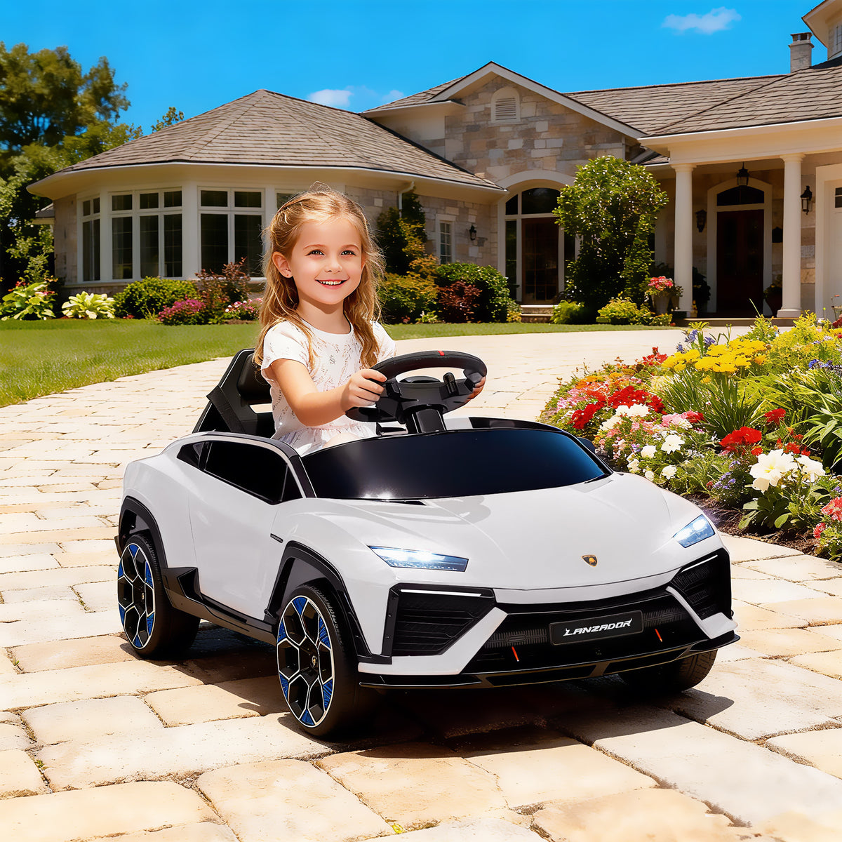 Haurrentzako auto elektrikoa, Lamborghini 12V ibilgailu elektrikoa, 2,4G urruneko agintea eta 2 motor, gehienezko abiadura 4 km/h, zuria
