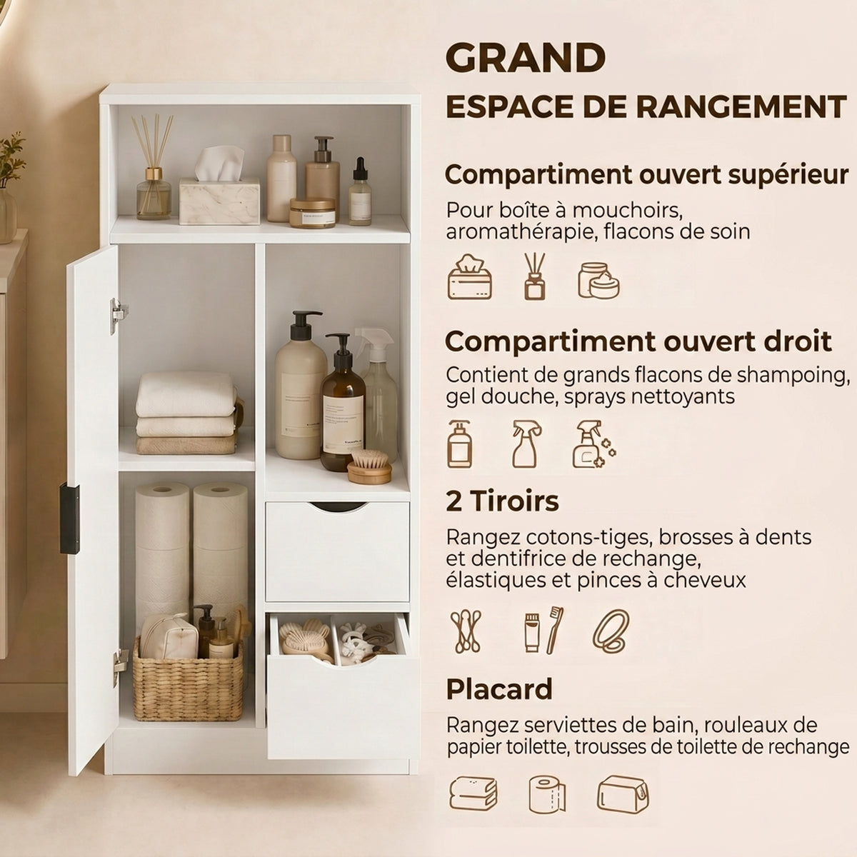 Mobiletto da bagno, mobile contenitore stretto con 2 cassetti, scomparti a giorno, 50x25x100cm, bianco