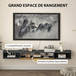 Meuble TV suspendu avec compartiments ouverts, porte rabattable et passe-câbles, 160 x 24 x 16 cm, gris