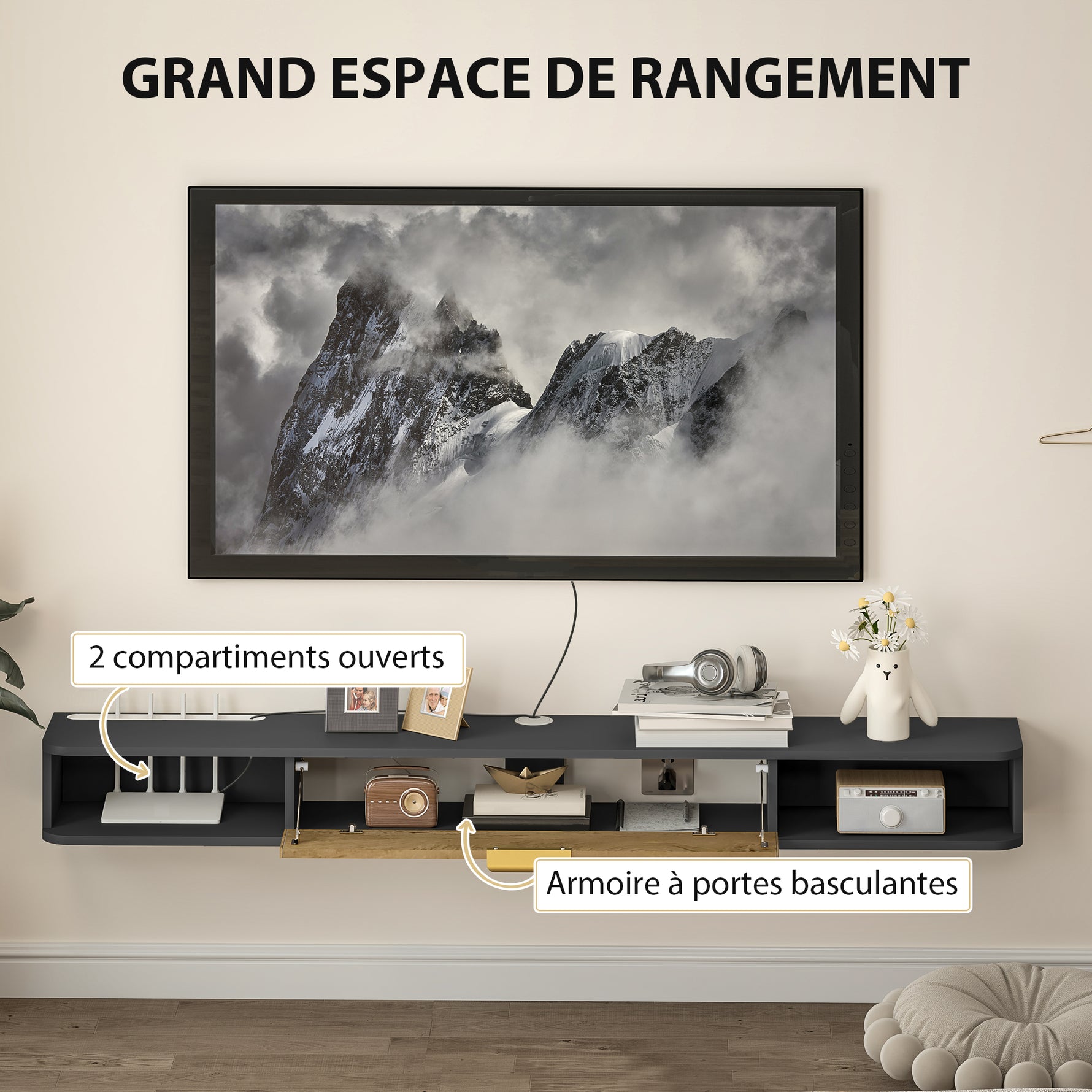 Meuble TV suspendu avec compartiments ouverts, porte rabattable et passe-câbles, 160 x 24 x 16 cm, gris
