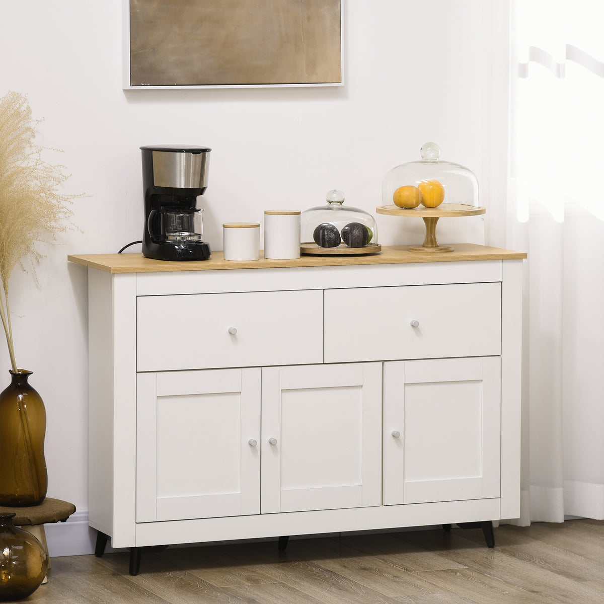 Buffet cuisine avec 2 tiroirs 3 portes et étagère réglable, pour cuisine, salle à manger, salon, 117 x 35 x 80 cm, blanc