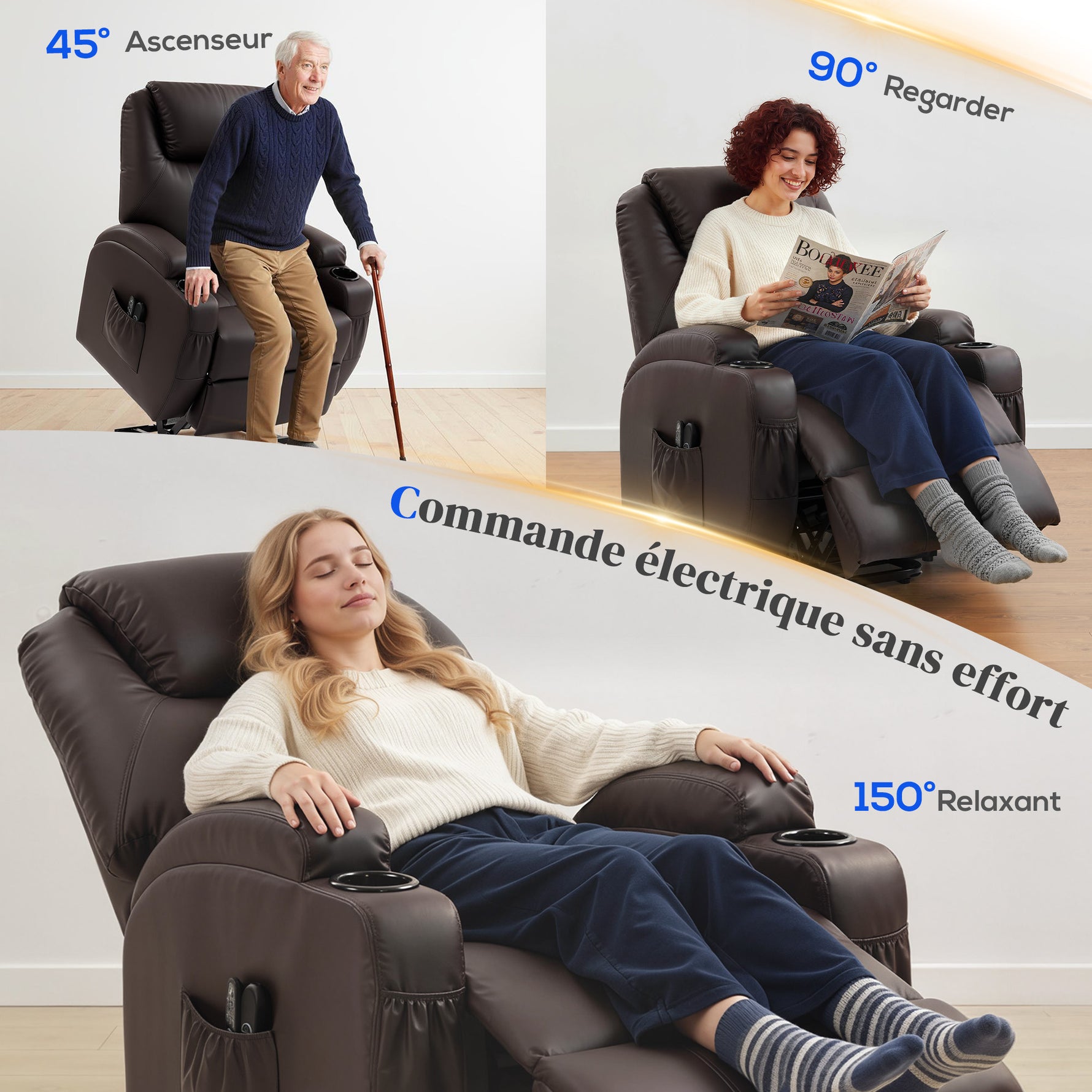 Fauteuil releveur électrique, fauteuil relax électrique, repose-pied, dossier inclinable, port USB, 83x95x107cm, marron