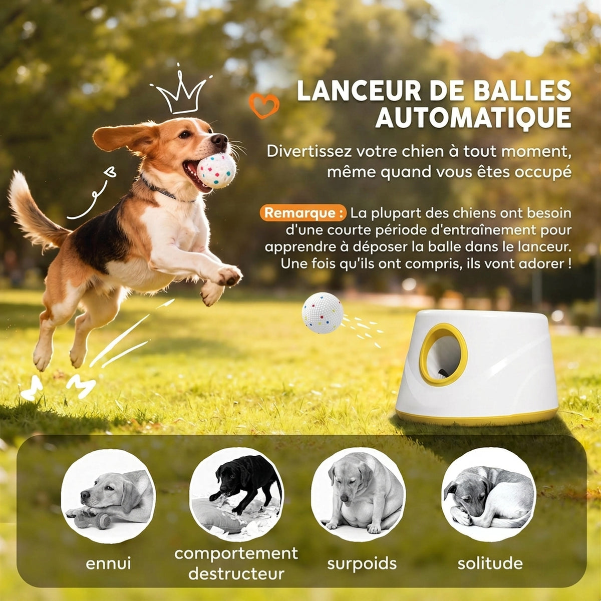 Lanciatore di palline automatico per cani, 6 palline in ETPU da 5,8 cm, 3 distanze regolabili (6/10/14 m), 27x27x18,5 cm, giallo