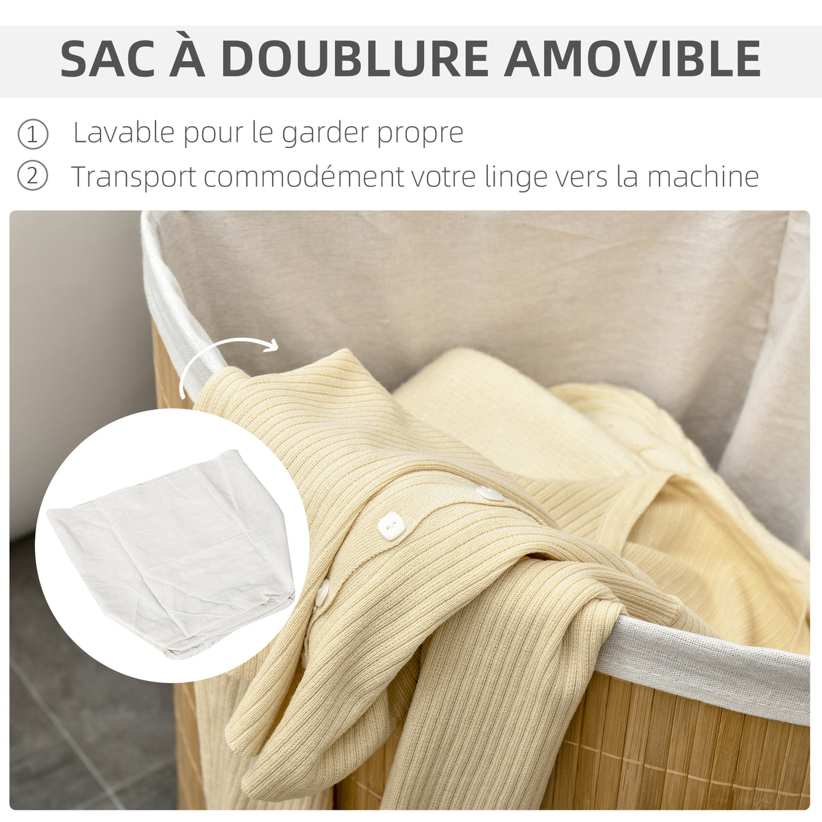 Panier à linge en bambou d'angle 55L avec couvercle et sac amovible 38 x 38 x 57 cm bois naturel