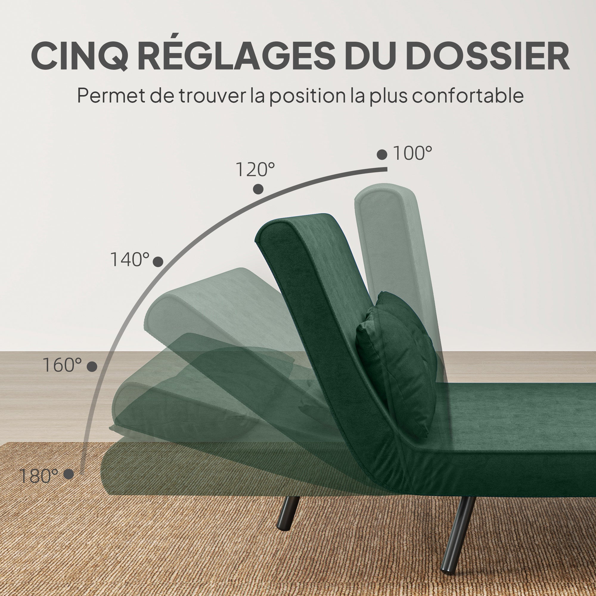 Canapé convertible 2 places 4 en 1, canapé-lit avec dossier réglable sur 5 niveaux, 2 coussins, 102 x 73 x 81 cm, vert