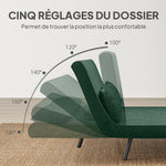 Canapé convertible 2 places 4 en 1, canapé-lit avec dossier réglable sur 5 niveaux, 2 coussins, 102 x 73 x 81 cm, vert