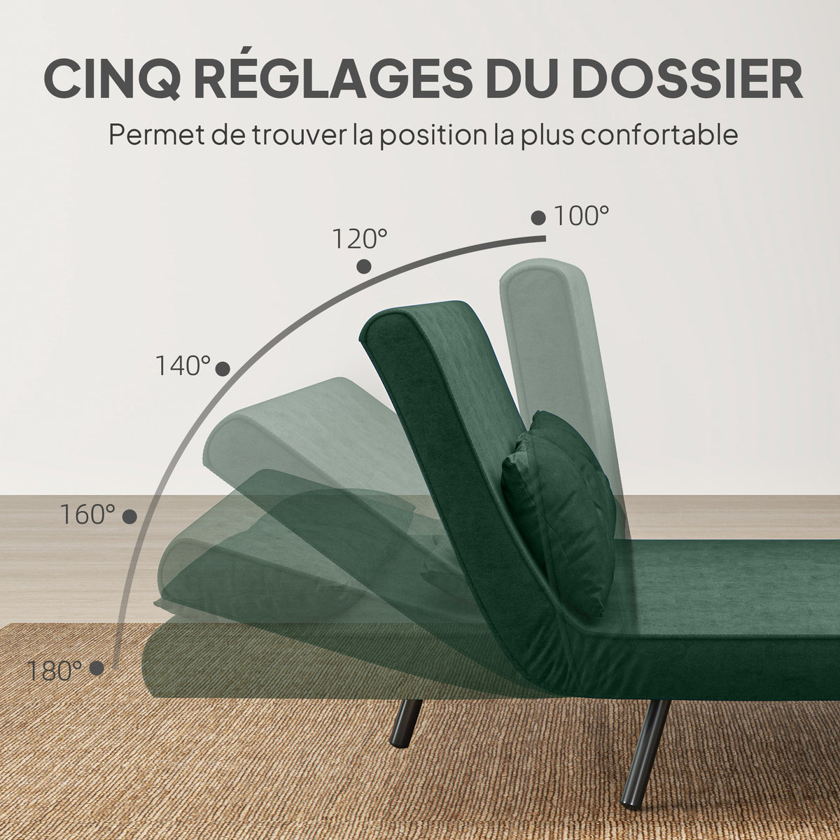 Canapé convertible 2 places 4 en 1, canapé-lit avec dossier réglable sur 5 niveaux, 2 coussins, 102 x 73 x 81 cm, vert