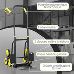 Diable d'escalier pliable 120 kg 6 roues, diable demenagement en acier avec cordes télescopiques, 44x67x106,5cm, jaune