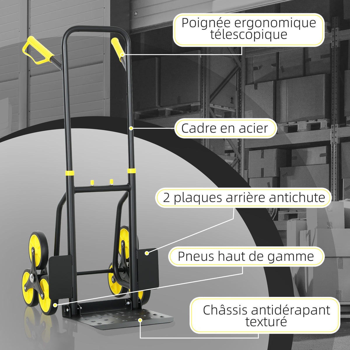 Diable d'escalier pliable 120 kg 6 roues, diable demenagement en acier avec cordes télescopiques, 44x67x106,5cm, jaune
