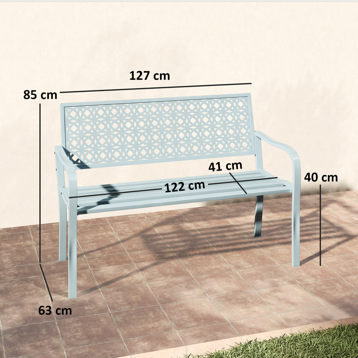 Banc de jardin 2 places, banc extérieur jardin en acier avec dossier ajouré, 127 x 63 x 85 cm, bleu