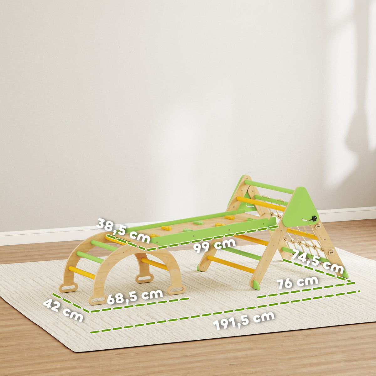 Triangle d'escalade enfants 8 en 1 avec rampe double face, arc d'escalade en bois avec toboggan & échelle, vert