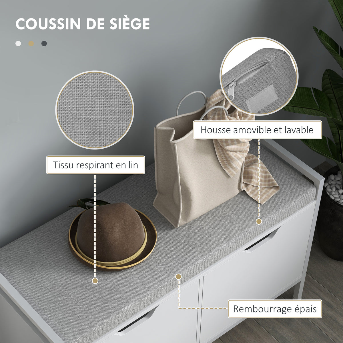 Banc meuble à chaussures, 2 placards, meuble d'entrée avec coussin rembourrée, 84l x 35P x 50H cm, blanc