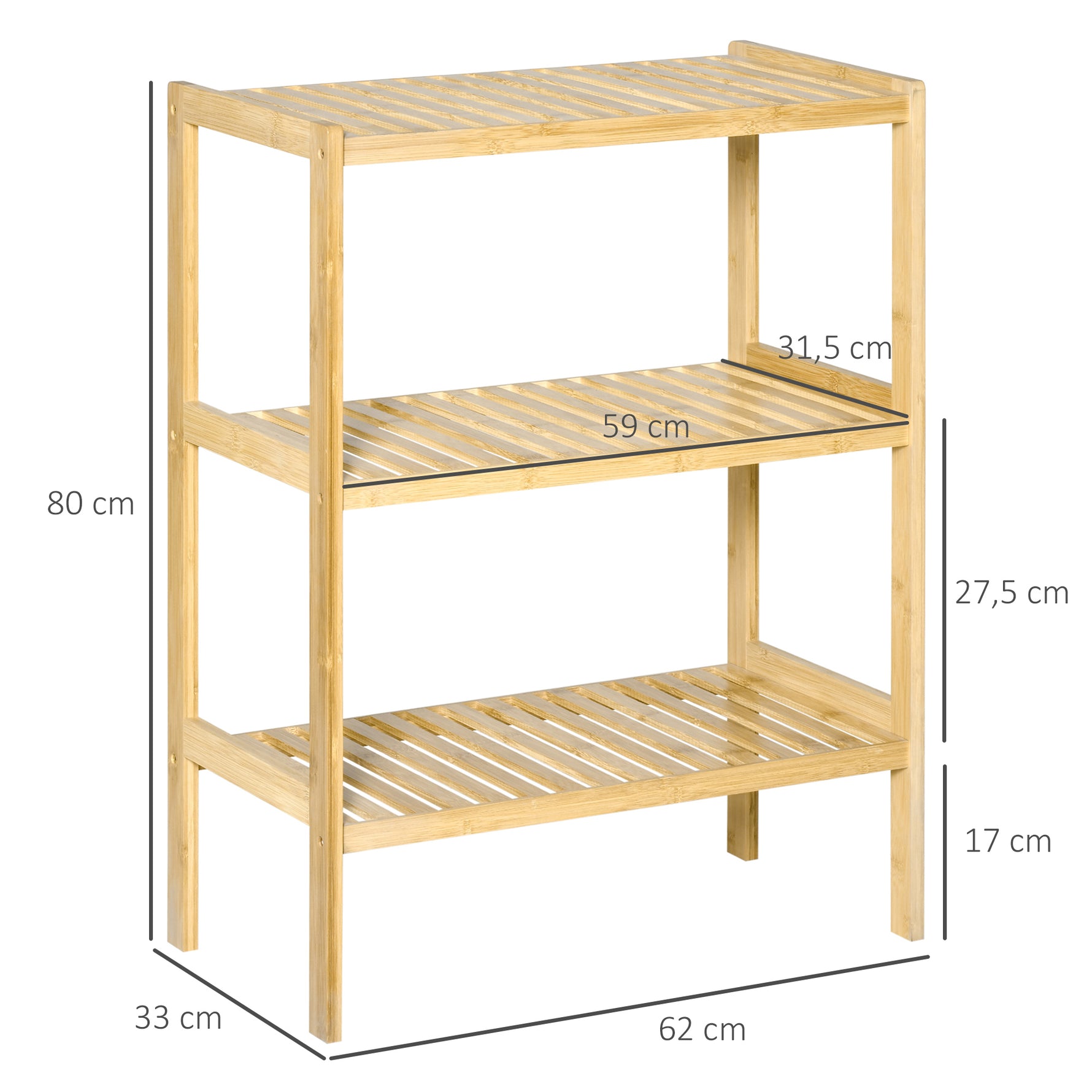 Étagère de rangement, étagère en bambou à 3 niveaux, bibliothèque pour salon, chambre et bureau, 62 x 33 x 80 cm