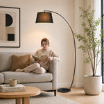 Lampe Lampadaire à Arc Salon Courbée - Lampe Arceau Moderne en Métal - Lampadaire sur Pied, Métal et Lin, Noir
