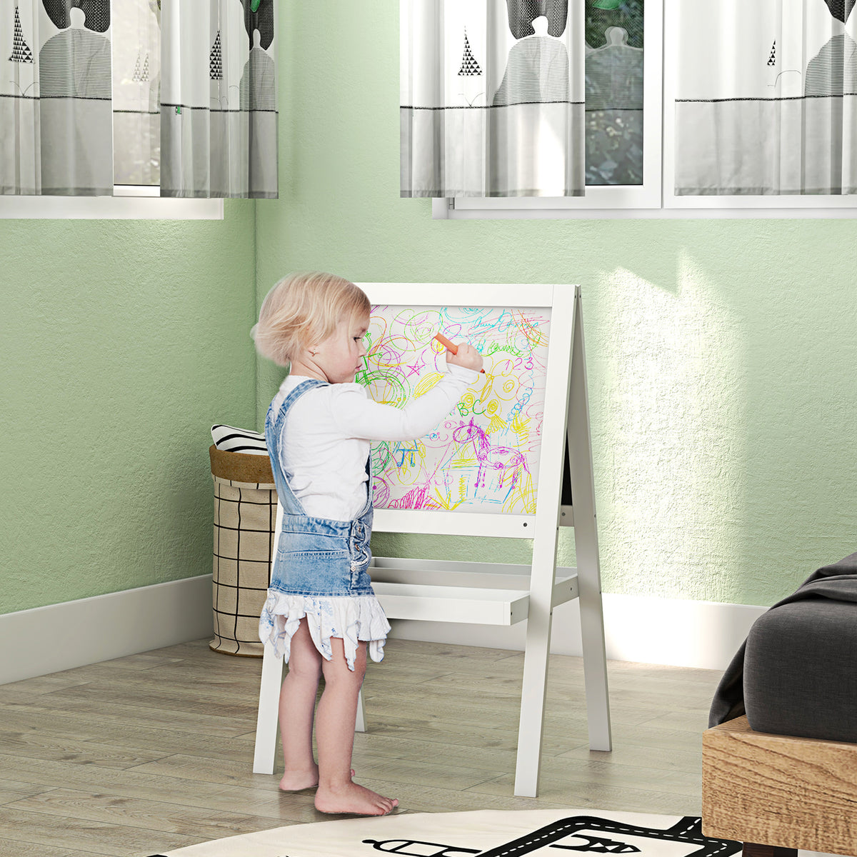 Tableau chevalet enfant 2 en 1 face ardoise magnétique et face tableau noir à craie blanc