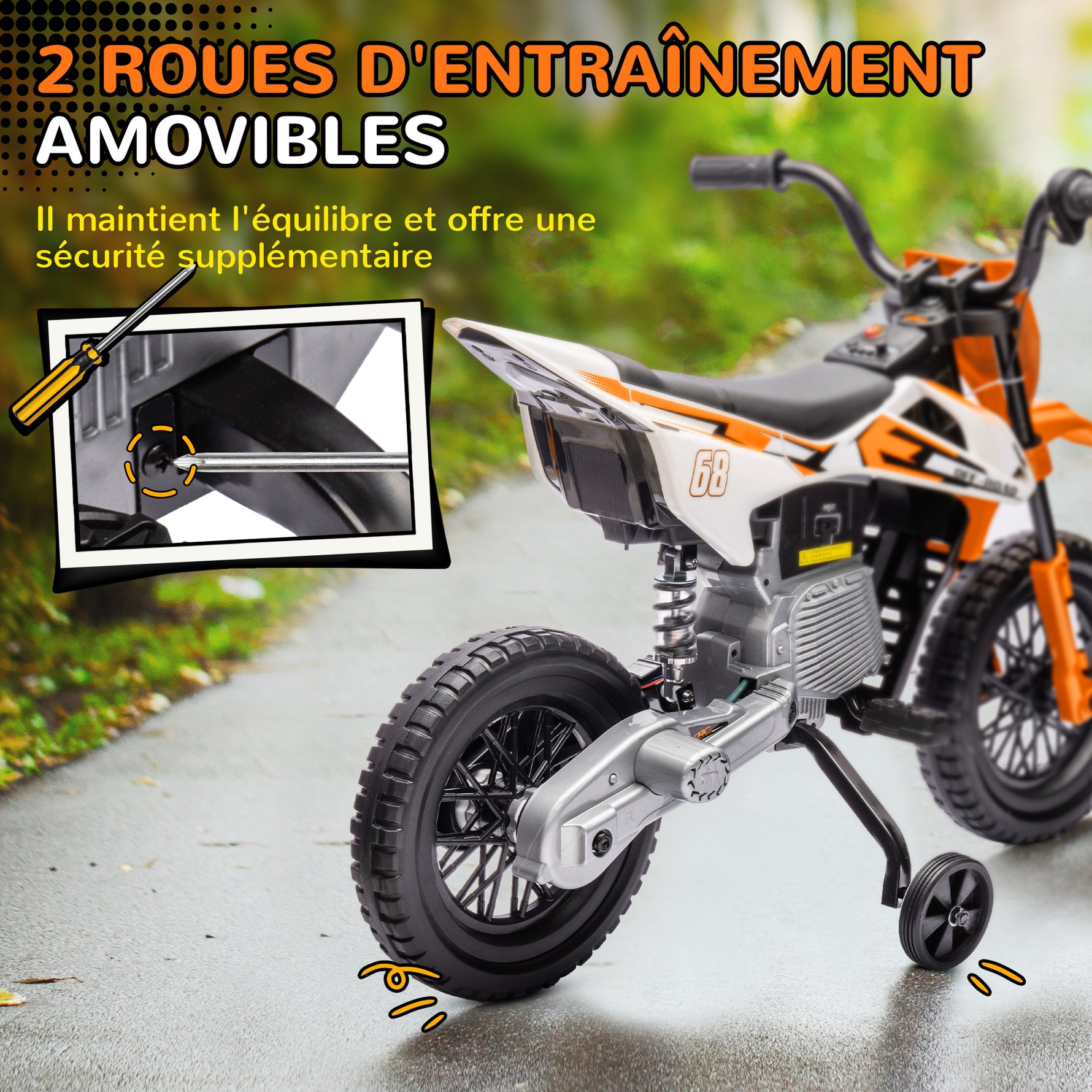 Moto électrique pour enfant moto cross pour enfants de 3 à 6 ans 2 moteurs 12V vitesse 5 km/h 109,5x60x72,5cm orange