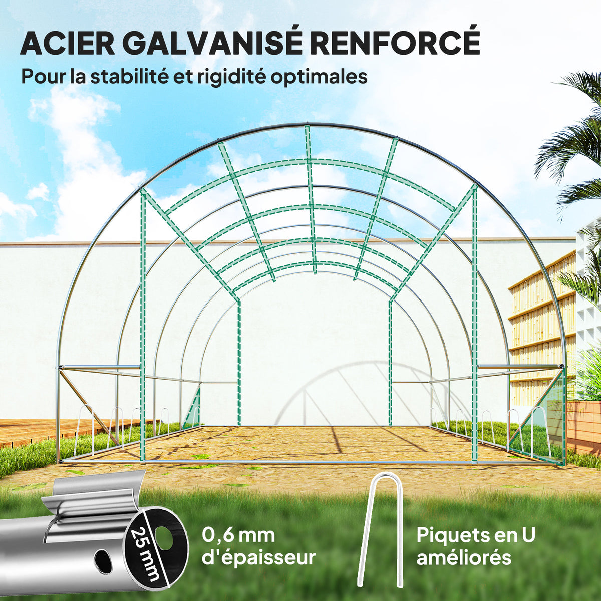 Serre tunnel de jardin 3 x 4 x 2 m avec porte enroulable et grandes fenêtres, en acier galvanisé et PE, vert