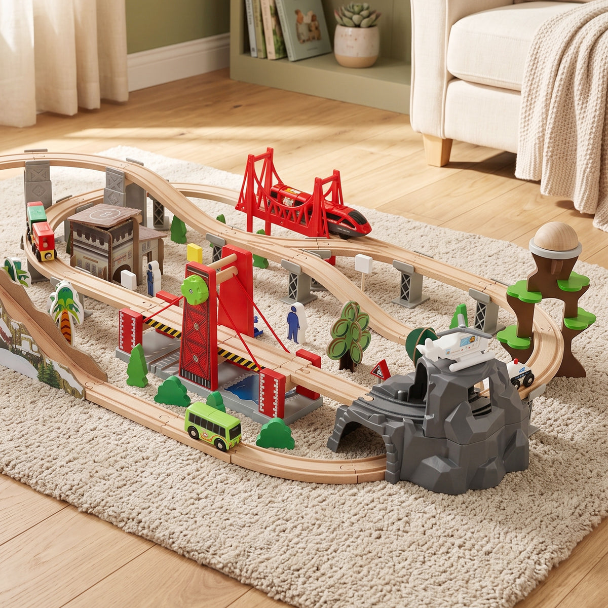 Holzeisenbahn-Set für Kinder, 100 Teile, magnetisches Eisenbahnspielzeug mit Kran, Brücke, Hubschrauber, mehrfarbig