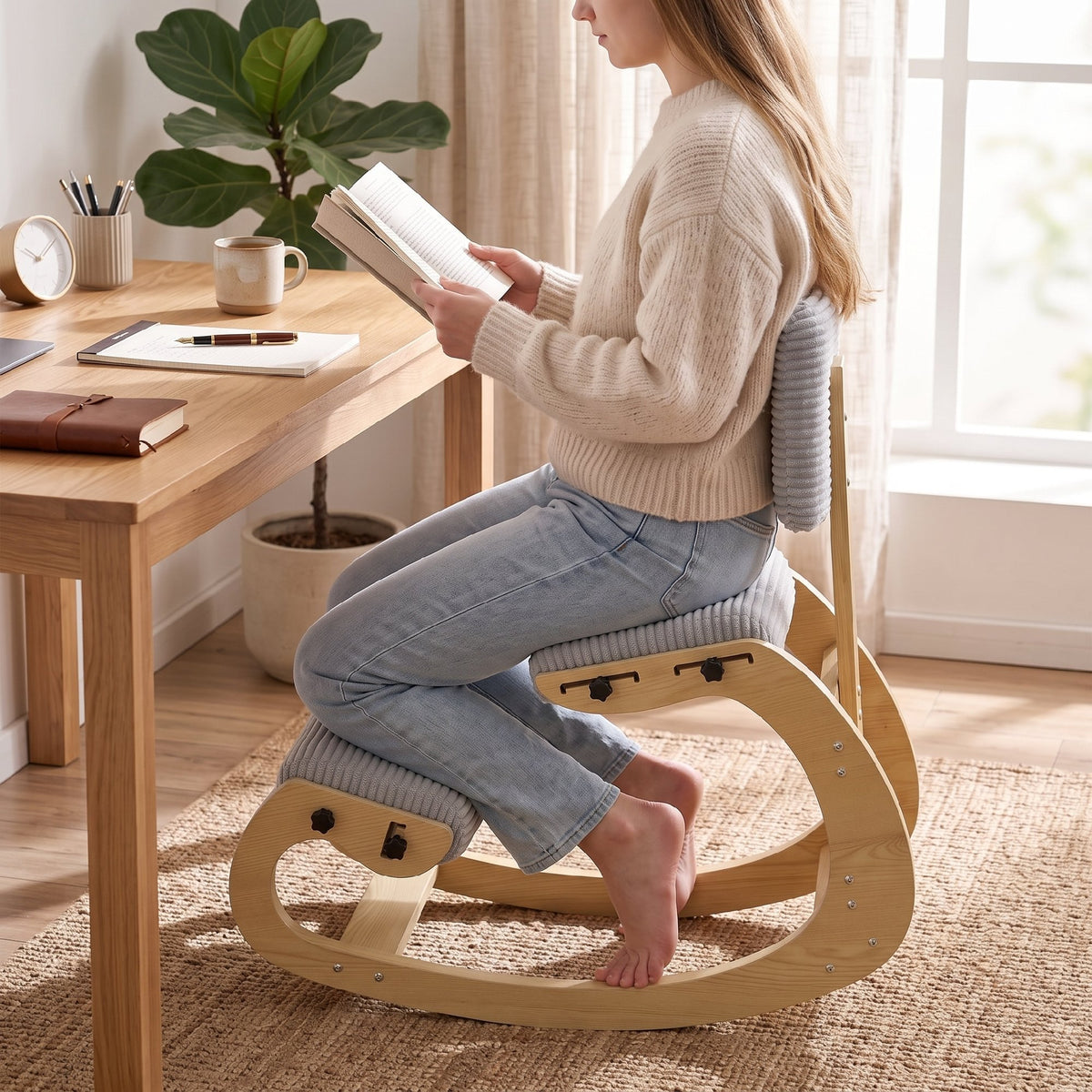 Ergonomic Kneeling Chair with Backrest, Corduroy Padded Rocking Kneeling Stool, Light Grey