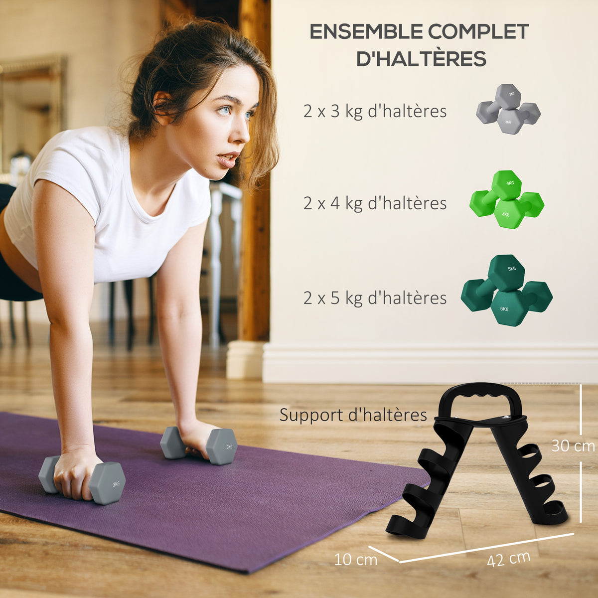 Lot d'haltères hexagonaux, haltères musculation, 2 x 3 kg, 2 x 4 kg, 2 x 5 kg, avec support convertible d'haltères
