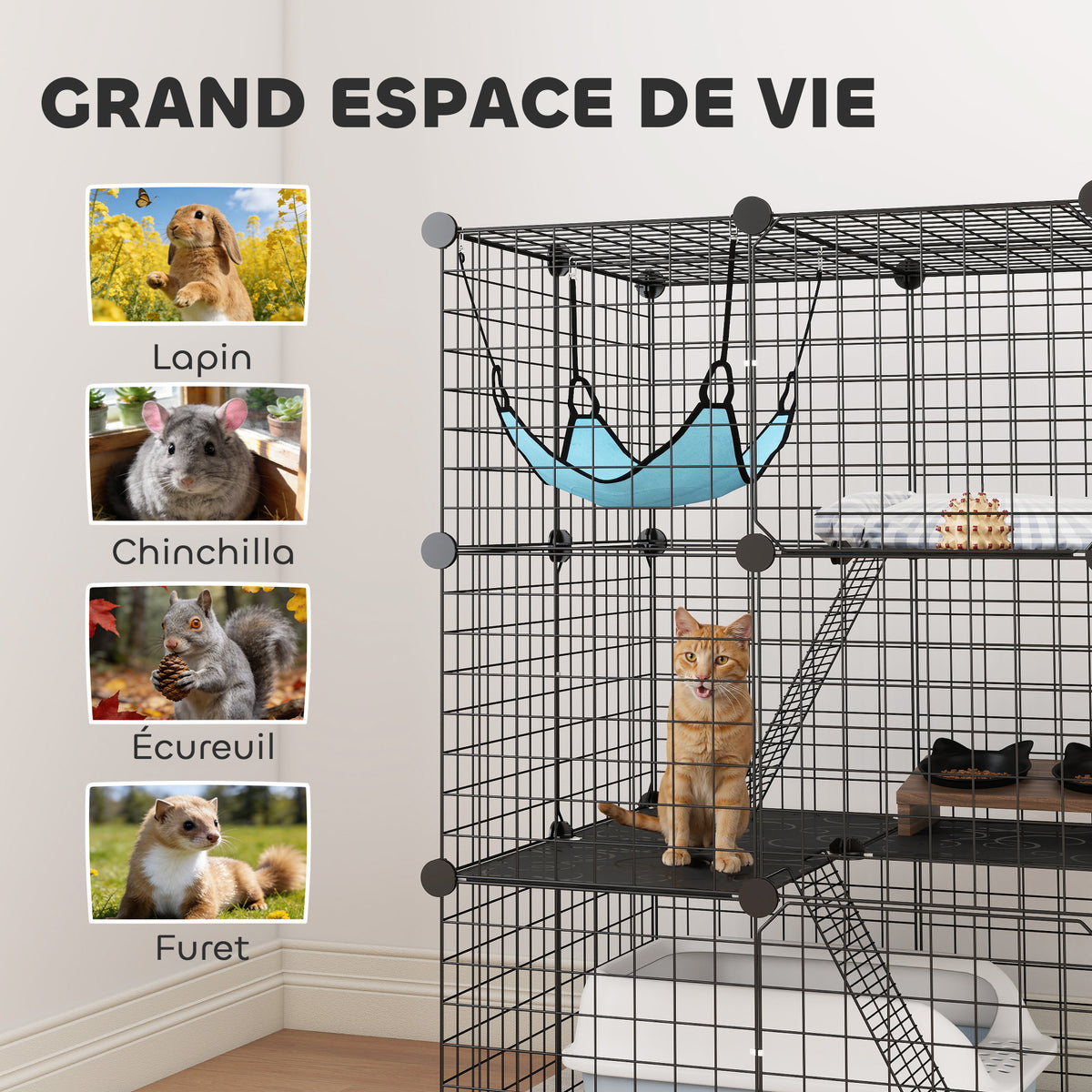 Gabbia per gatti da interno Recinto per gatti modulabile 3 porte Amaca Scaletta per piccoli animali domestici 70x70x105cm Nero