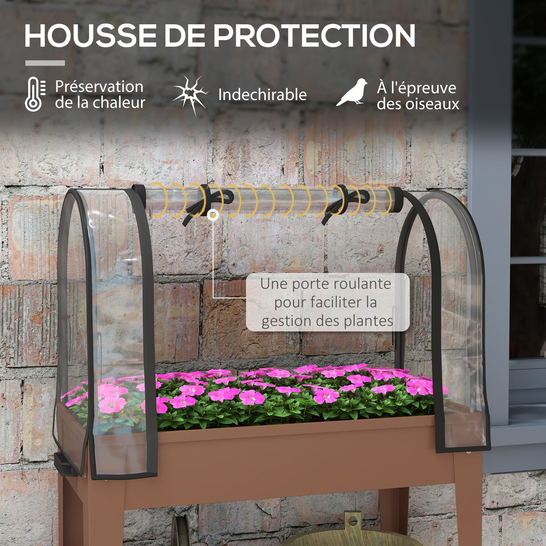 Jardinière surélevée avec bâche transparente, 2 roulettes et 1 étagère inférieure, dim. 80L x 40l x 120H cm