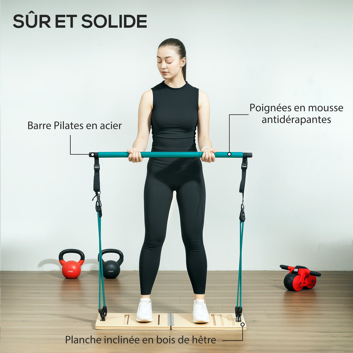 Pilates-Stangen- und Widerstandsband-Set mit verstellbarem Schrägbrett, Trainingsgerät blau