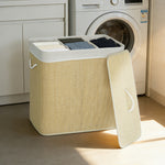 Panier à linge à trois compartiments avec couvercle, panier à linge en bambou 144 L avec poignées en corde